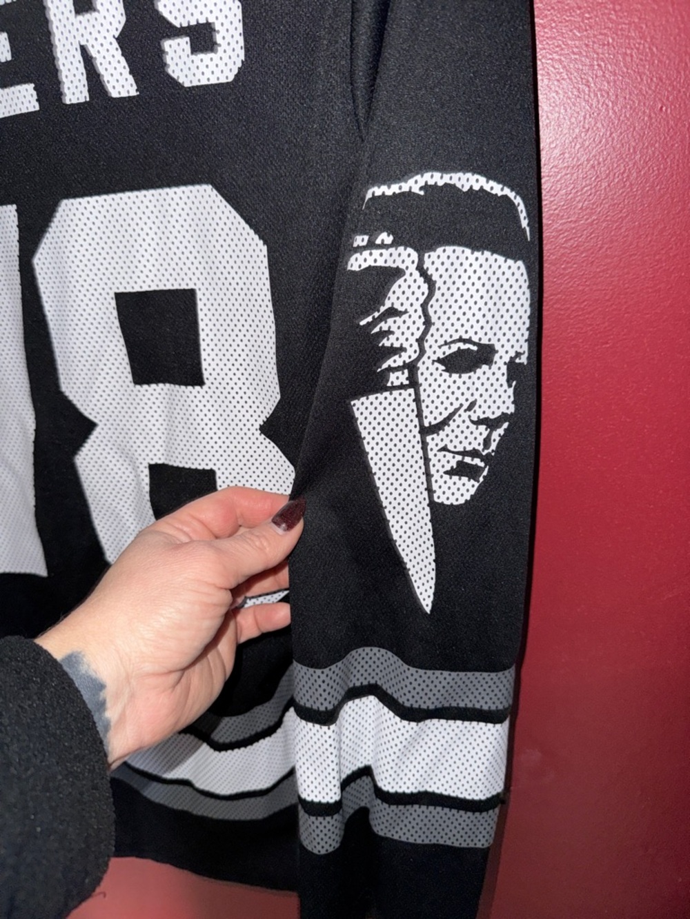 Halloween Michael Myers Graphic Black Men's V-Neck Hockey Jersey - Picture 3 of 4